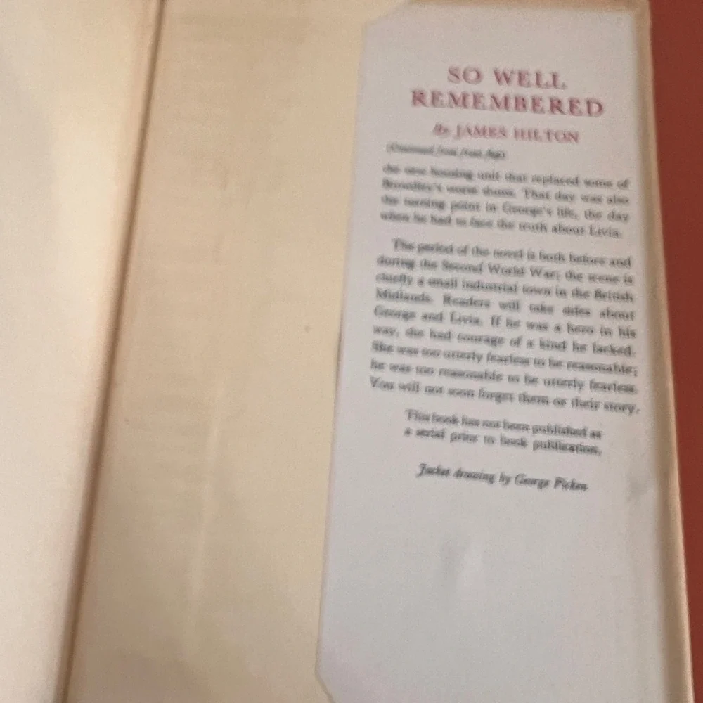 So Well Remembered James Hilton 1945 Book Club Edition Hardcover Dust Jacket